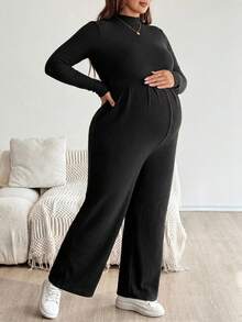 Plussiva 大尺碼孕婦純色長袖連身褲 - 黑色 - 查看 3