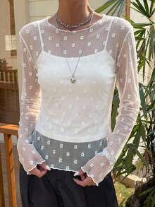 DAZY Women's Floral Lace Long Sleeve Top Vacation - White - View 9