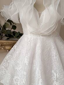 Lovelzi Plus Size Elegant White Lace Embroidery Patchwork Organza Sheer Cold Shoulder Full Skirt Dress Wedding Bridal Winter - White - View 7