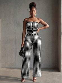 BamGlimmer Women Houndstooth Print Bandeau Jumpsuit - Black and White - View 4