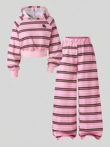 SHEIN 青少年女孩長袖抓絨套裝上衣 2件/組 圓領粉色條紋小馬圖案連帽衫套裝 秋季 六年級 正式寬鬆派對度假款 - 彩色 - 查看 3
