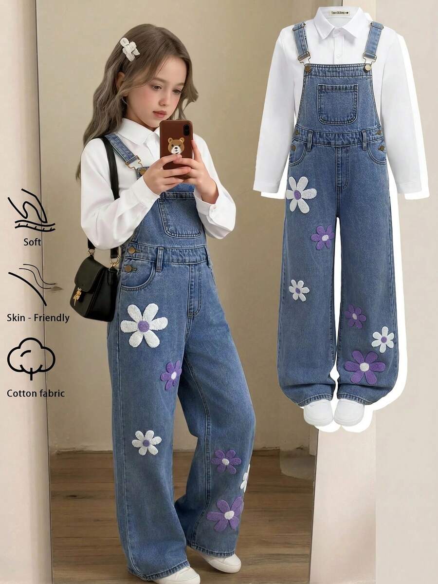 SHEIN 女童白色與紫色毛巾布刺繡花卉圖案藍色丹寧寬鬆吊帶褲 - 藍色 - 查看 1