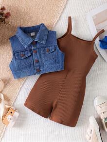 SHEIN Genkimix Kids 女童單排扣牛仔背心與純色細肩帶連身褲休閒日常兩件套 - 棕色 - 查看 1