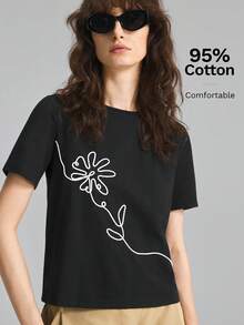 Ontre 夏季女款寬鬆黑色花卉短袖T恤，對比繩飾刺繡布料，圓領休閒通勤日常日穿 - 黑色 - 查看 5
