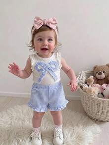 SHEIN Baby Girl Bow Decor Tank Top & Striped Shorts Set - Blue and White - View 2