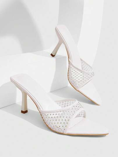 CUCCOO SZL White Mesh Colored Diamond Pointed High-Heeled Sandals, Retro Style Hollow Diamond-Set Open-Toed High-Heeled Shoes For Women