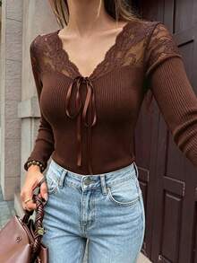 Elyressa Elegant Solid Color Lace Patchwork Tie-Front T-Shirt - Brown - View 5