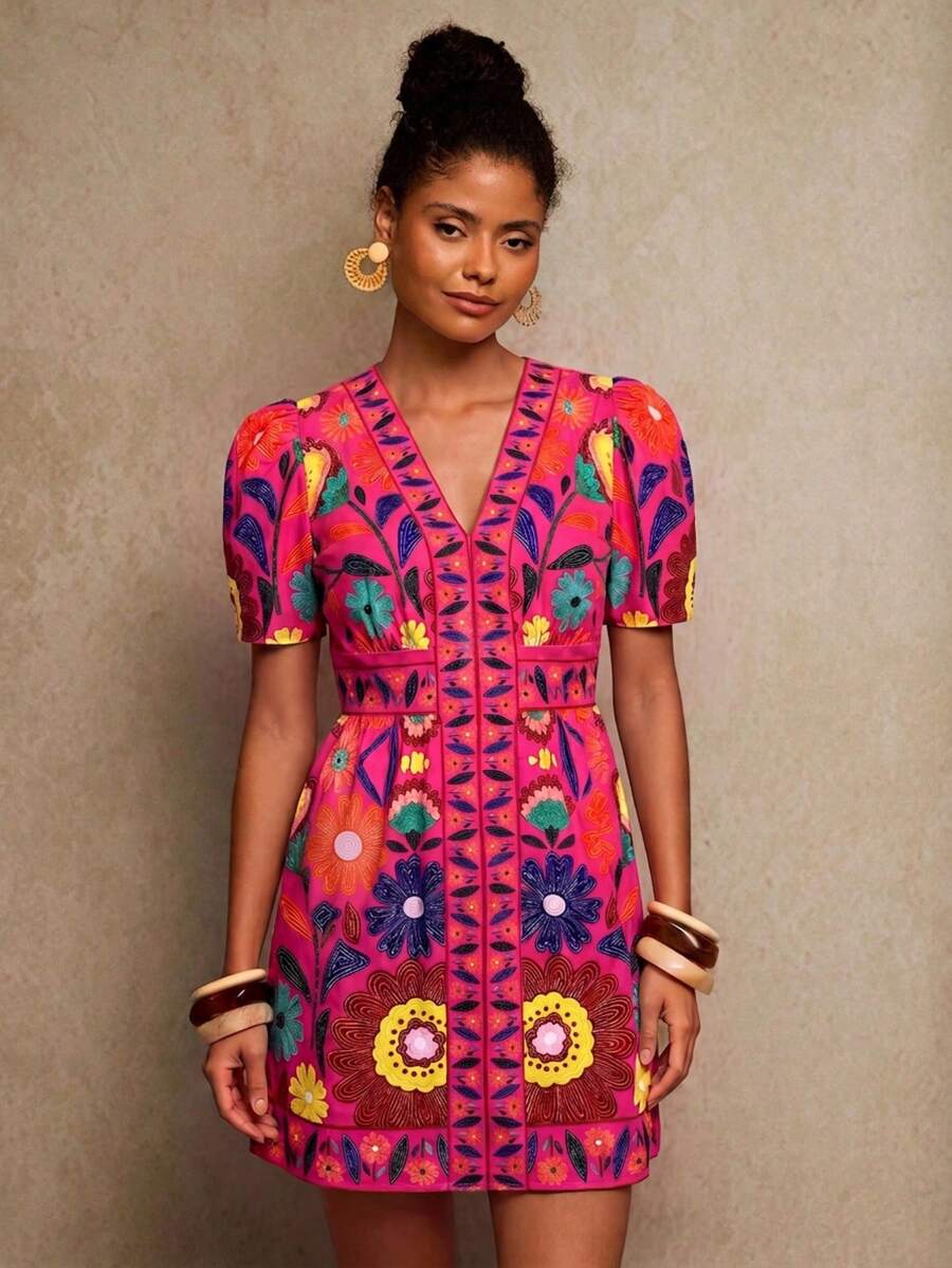 Travachic V-Neck Short Sleeve Fitted Mini Dress For Women - Multicolor - View 1