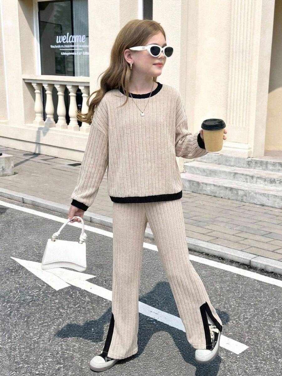 SHEIN 青少年女孩对比色罗纹长袖宽松 T 恤和喇叭裤两件套 - 杏色 - 查看 1