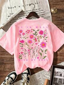 SHEIN LUNE Vintage Cute Romantic Style Women's T-Shirt - Charming Daisy Floral Print, Double-Sided Printing, Casual Summer Outfits, Brunch Pink Floral - Baby Pink - View 2