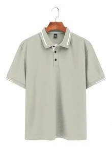 Manfinity Homme Men Color Block Trim Button Casual Short Sleeve Polo Shirt For Summer, Formal - Green - View 3