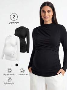Modmama Camiseta de maternidad casual versátil de unicolor con fruncido y ajuste ceñido - Blanco y Negro - Ver 1