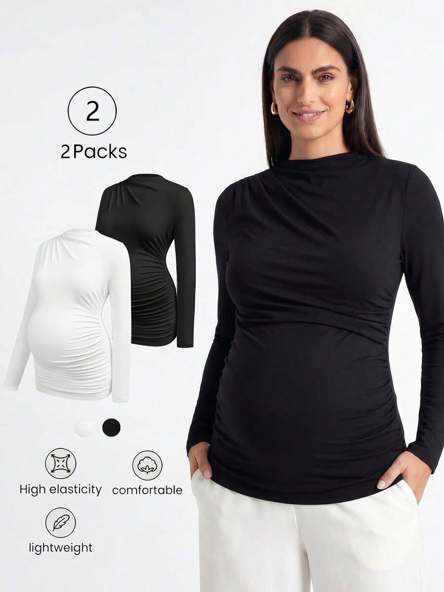 Modmama Camiseta de maternidad casual versátil de unicolor con fruncido y ajuste ceñido - Blanco y Negro - Ver 1