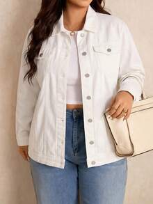 SHEIN CURVE+ 大码休闲百搭纯色牛仔外套 - 白色 - 查看 4