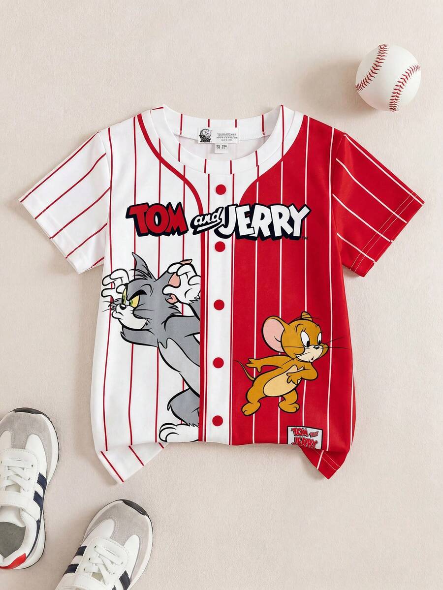 TOM & JERRY X SHEIN 男童夏季休闲运动卡通字母印花双色条纹T恤 - 白色 - 查看 1