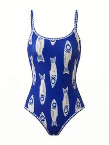 Swim Mod 夏季新款欧美风性感高衩连体泳衣，红色撞色鱼纹印花，挂脖式，荷叶边装饰，带胸垫，可调节肩带，修身剪裁，适合海滩、泳池派对、生日等场合。 - 寶藍色 - 查看 2
