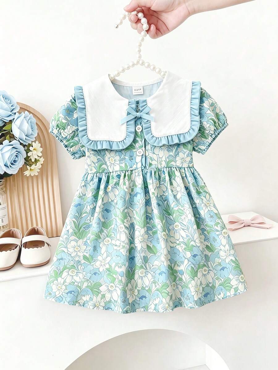 SHEIN 法式新款女婴优雅碎花蝴蝶结领短袖连衣裙，夏季户外田园风