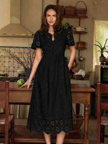Dayvera Women's Embroidered Button Design Short Sleeve Elegant Black Long Dress - Black - View 6