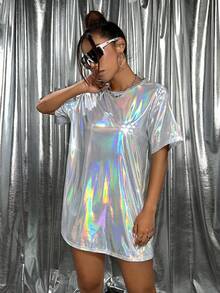SHEIN ICON Vestido Camiseta Con Revestimiento Polarizado De Gran Tamaño - Blanco - Ver 4