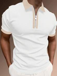 Manfinity Homme 男士對比色拉鍊設計短袖休閒 Polo 衫 - 白色 - 查看 1
