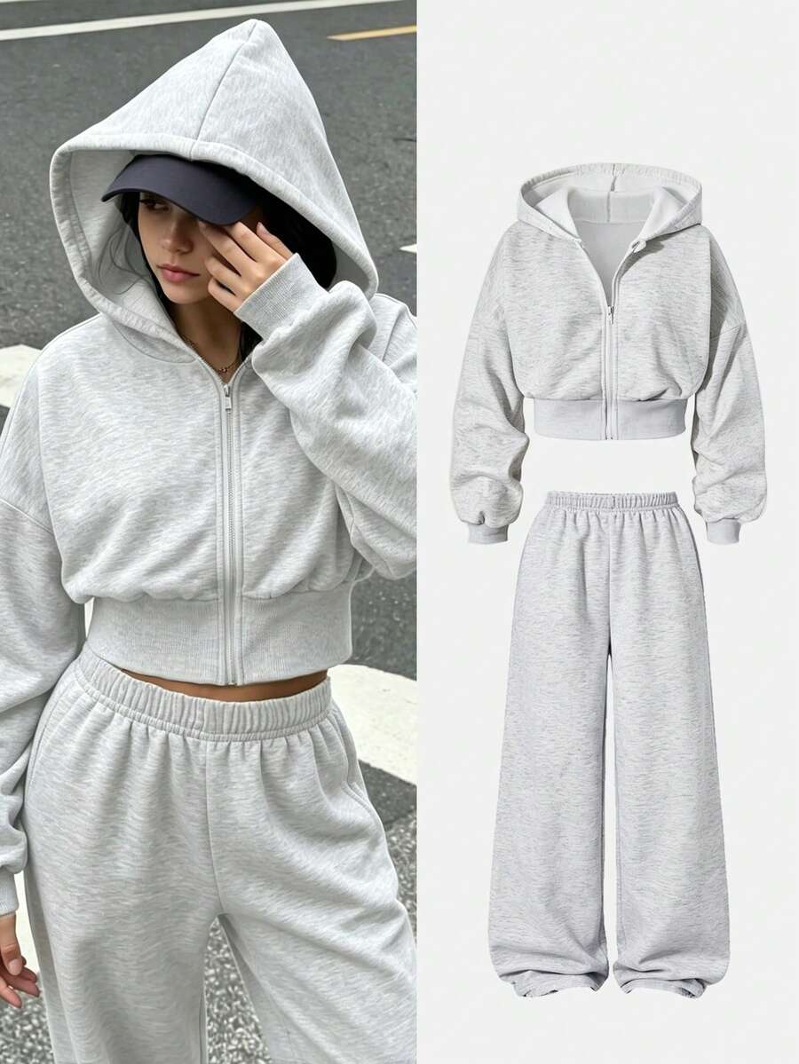 SHEIN 两件套少女灰色碎花连帽拉链开衫,宽松落肩设计,罗纹腰身,搭配同款宽松休闲裤,休闲运动学院风套装,适合户外、室内、运动、聚会、上学、春秋冬季等场合。 - 灰色 - 查看 1