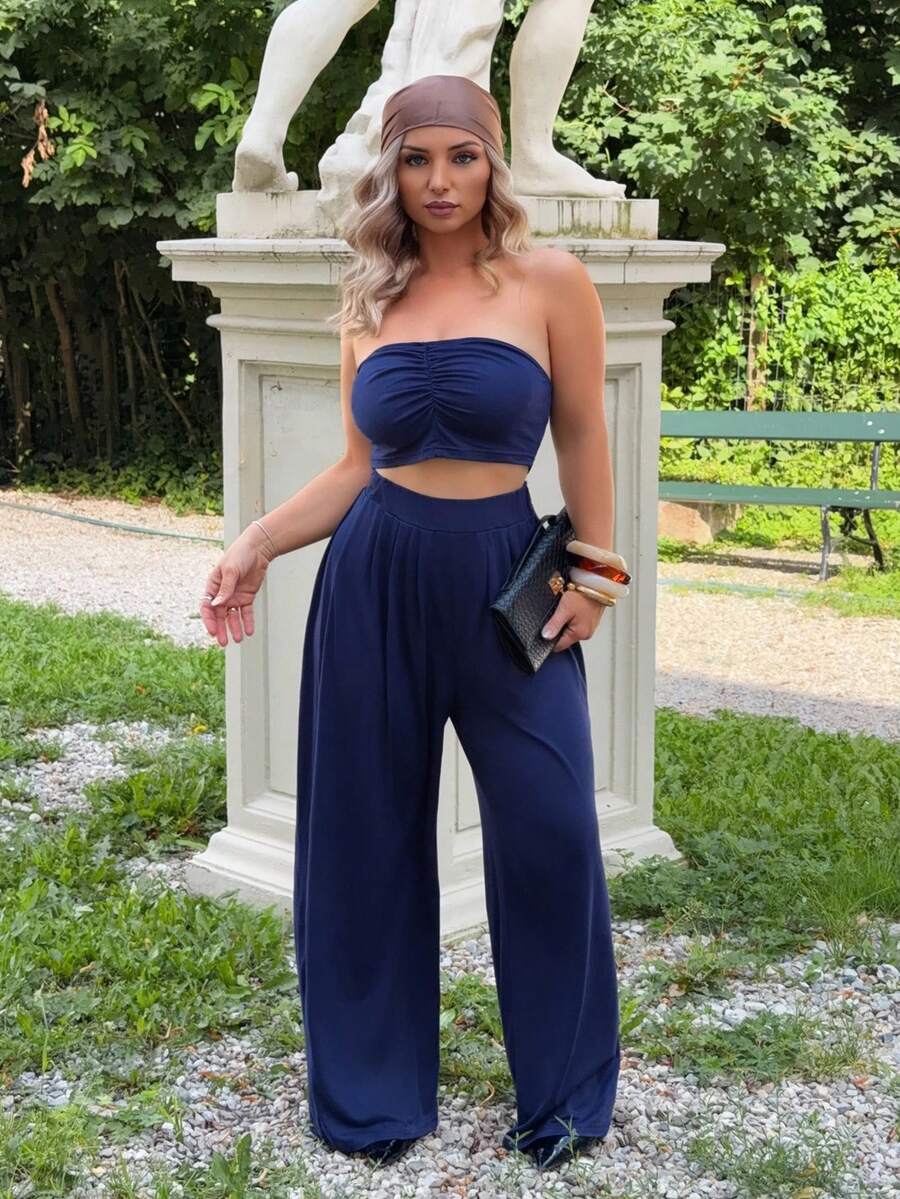 Jeta Ari Women Fashionable Ruched Strapless Wide Leg Pants Set Summer Vacation Holiday Beach BOHO Sexy Elegant - Navy Blue - View 1