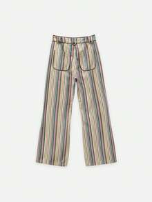 Nöista Multicolour Vertical-Stripe Wide-Leg Trousers With Front Patch Pockets. Everyday Outfits, Casual, College, Day-To-Night, Fall, Autumn, Winter. - Pink - View 12