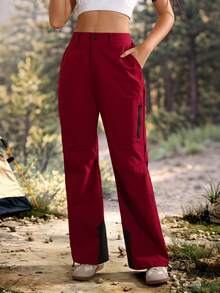 Exploreva Celana Hiking Wanita Warna Polos Pinggang Tinggi Saku Potongan Lurus - Burgundy - View 6