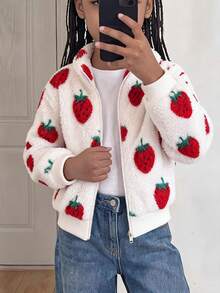 Elladie kids 1件少女甜美可愛草莓拉鍊立領加厚抓絨外套，適合春秋冬季日常休閒出遊 - 紅色 - 查看 5