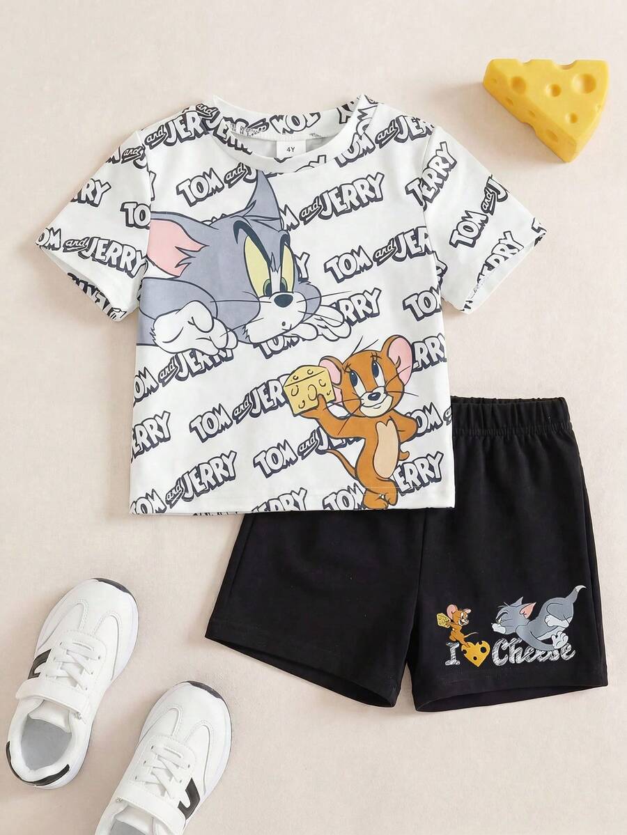 TOM & JERRY X SHEIN 男婴卡通酷炫图案短袖T恤和黑色短裤套装，夏季两件套 - 黑與白 - 查看 1