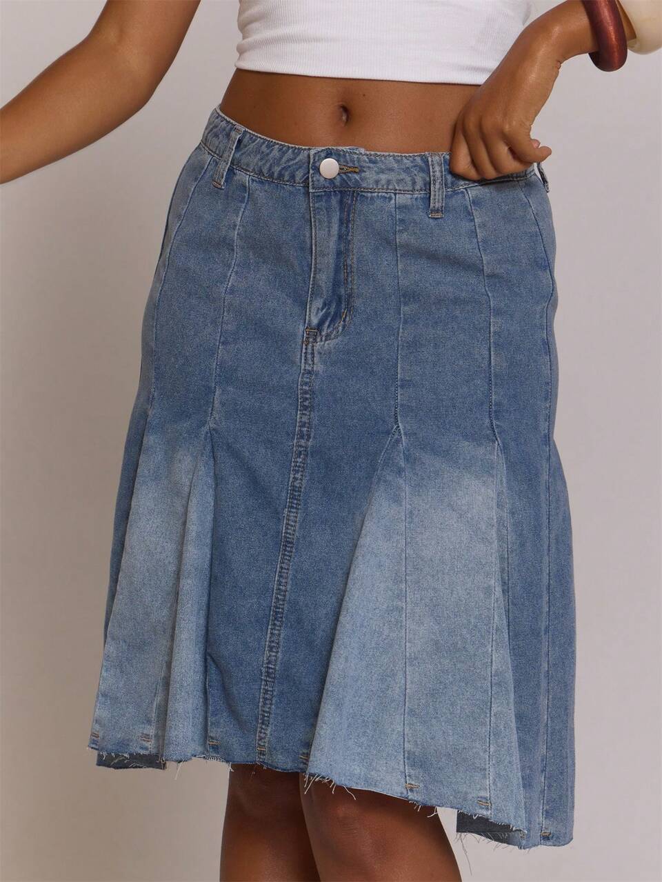 Washed Denim Low Rise Asymmetric Hanky Hem Raw Hem Midi Skirt