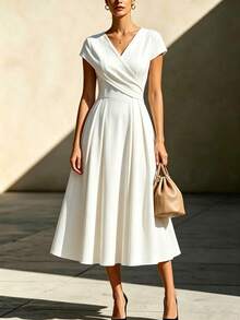 Balvessa Women's Solid Color V-Neck Pleated Casual Daily Summer Midi Dress - White - View 4