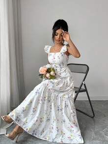 SHEIN Elenzya 女士碎花褶皱腰身优雅长裙，适合约会和派对 - 白色 - 查看 7