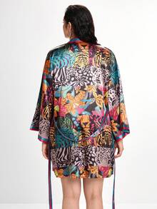Slumbrini Plus Size Tiger Plant Pattern Contrast Stripe Satin Robe - Multicolor - View 2