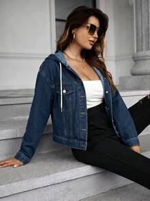 SHEIN Frenchy 春秋休閒連帽牛仔夾克 - 深色水洗藍 - 查看 4