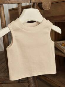 SHEIN Baby Girl Knit Solid Color Round Neck Fitted Casual Tank Top - 杏色 - 查看 4