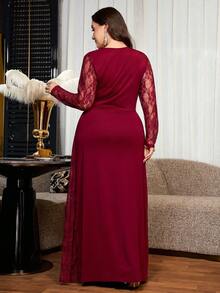 Reflora Plus Size Women's Lace Patchwork Pleated Elegant Cinched Waist Party Dress,Elegant Long Party Dress,Mother,Luxury Evening Dress For Women,Party Dress - Burgundy - View 9