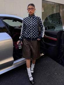 Muchica Black And White Polka Dot Floral Applique Trim Women's Lightweight Jacket Everyday Autumn Streetwear - Navy Blue - View 5
