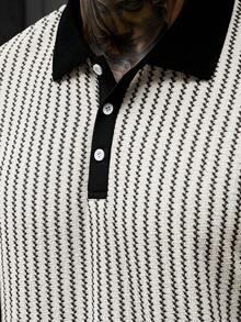 Manfinity CasualCool 男士夏季街頭休閒條紋拼接滾邊 Polo 衫 - 黑與白 - 查看 6