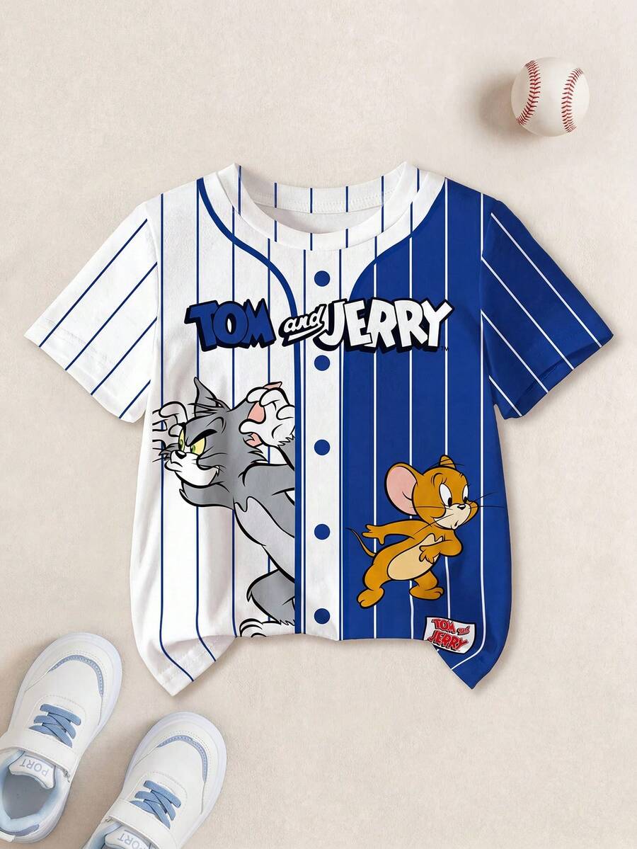 TOM & JERRY X SHEIN 男童休闲卡通条纹数字印花短袖T恤,藏青色英文字母图案,舒适夏日 - 白色 - 查看 1