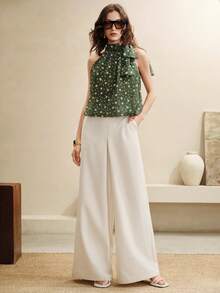 SHEIN Zanirela Women's Top Loose Flowy Chiffon Halter Neck Tie Shoulder Bow Pleated 70s Retro Elegant French Olive Green Polka Dot Blouses Holiday Brunch Summer - Army Green - View 8