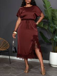 SHEIN Clasi Plus Size Women's Summer Batwing Sleeve Dress Brown Polka Dot Suitable For Daily Commute Dinner Evening Wedding Guest Casual Formal Elegant - Burgundy - View 3