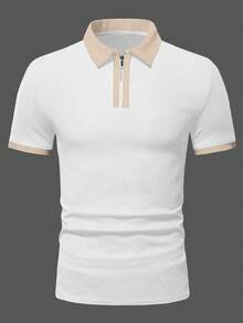 Manfinity Homme 男士對比色拉鍊設計短袖休閒 Polo 衫 - 白色 - 查看 3