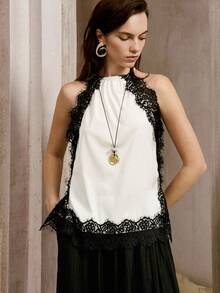 SHEIN Sexy Elegant Lace Trim Contrast Color Spaghetti Strap Camisole Top For Women Brunch Night Out Black And White Summer - Black and White - View 8