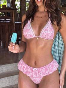Swim Mod Women's Summer Beach Vacation Sweet And Cute Pink Floral-Textured Ruffled Bikini Set ,Two-Piece Swimsuit With Ribbon Bows - Pink - View 3