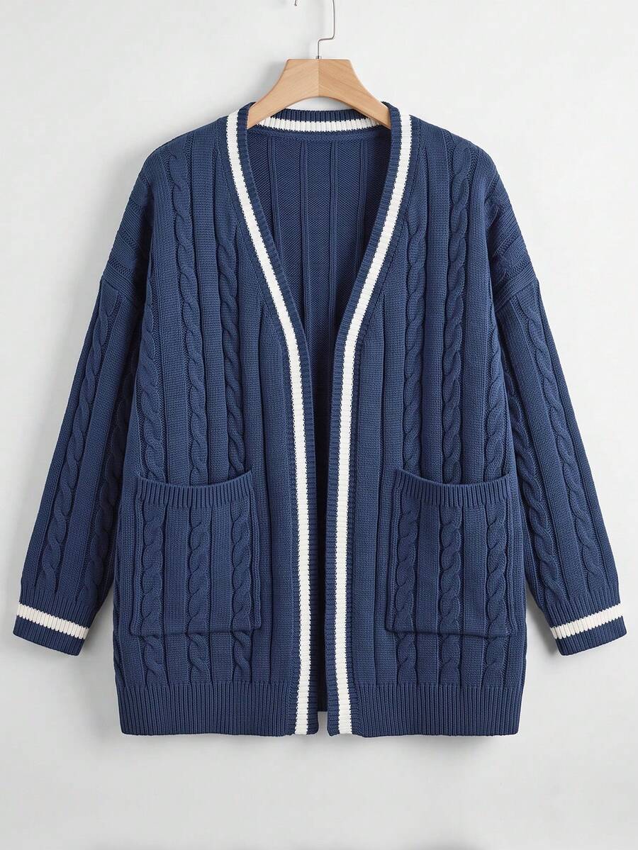 Easura Plus Size Loose Colorblock Cable Knit Pocket Casual Long Sleeve Cardigan Jacket, Autumn/Winter - Blue and White - View 1