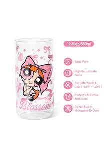 THE POWERPUFF GIRLS X SHEIN 1個 19.60oz/580ml L號可愛卡通圖案印花硼矽玻璃杯，耐冷耐熱，適用於牛奶、果汁、咖啡、氣泡水等，草莓、蝴蝶結、貓咪圖案 - 無色 - 查看 3