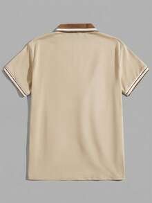 SWAVVY Men's Button Half-Placket Striped Contrast Color Knit Polo Shirt - Khaki - View 2