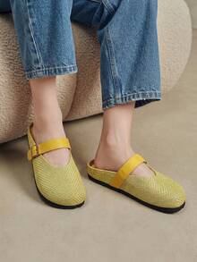 Solecia Women Shoes Woven Linen Closed Toe Single Buckle Flat Bottom Comfortable Leisure Vacation Wind Yellow Ladies Slouchy Shoes Travel Daily Wear - Yellow - View 3