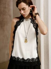 SHEIN Sexy Elegant Lace Trim Contrast Color Spaghetti Strap Camisole Top For Women Brunch Night Out Black And White Summer - Black and White - View 7